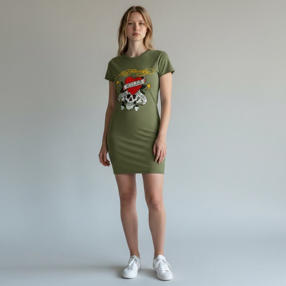 Ed Hardy Skull T-Shirt Mini Dress Women's Sz 1X Olive Green Short Sleeves Fitted